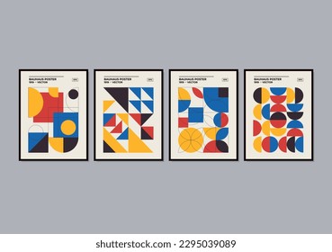 Set of minimal vintage 20s geometric design posters, wall art, template, layout with primitive shapes elements. Bauhaus retro pattern background, vector abstract circle, triangle and square line art