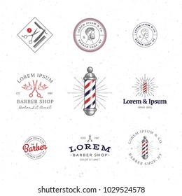 Set of Minimal Vintage Hipster Logotype Templates. Black on White Color. Barber Shop. Barber Pole.