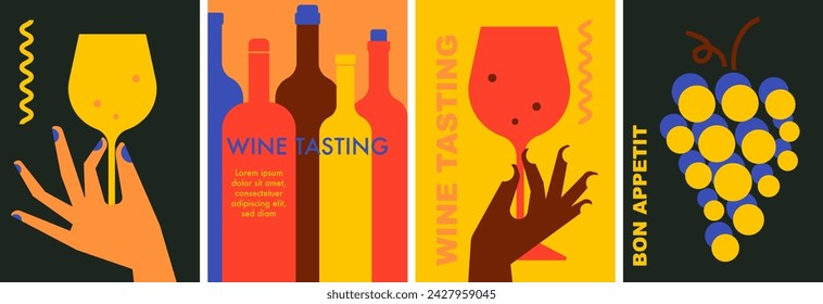 Un conjunto de carteles de época mínima con botellas de vino, copa de vino espumoso rojo y blanco. Menú de restaurante, invitación para un evento, festival, fiesta. Concepto de cata de vinos. Ilustración vectorial retro