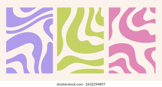 Set of minimal wavy abstract background with pastel colors, inspired by 60s and 70s retro style.Vector illustration. Line groovy trendy design.