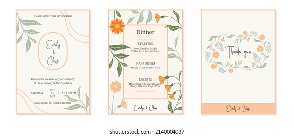 Set minimal wedding invitation card template design, botanical flowers and leaves vector, Floral poster, invite. Vector decorative greeting card, background eps10