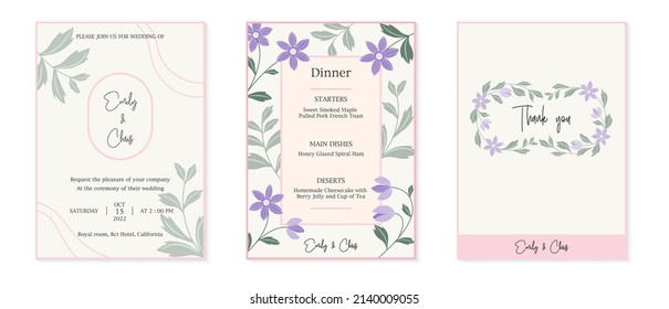 Set minimal wedding invitation card template design, botanical flowers and leaves vector, Floral poster, invite. Vector decorative greeting card, background eps10