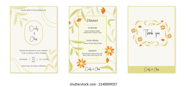 Set minimal wedding invitation card template design, botanical flowers and leaves vector, Floral poster, invite. Vector decorative greeting card, background eps10