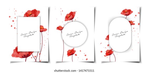 Set of minimal white cover template layout with red poppy flower watercolor background