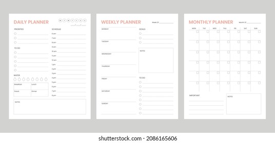 set minimalis planner with pink color, daily, weekly, monthly