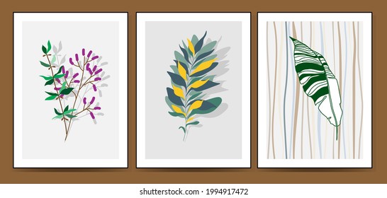 Set of minimalism botanical vector illustration as abstraction composition with leaves. ideal for art gallery. modern wall art poster. minimal interior design