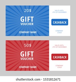 Set of minimalism gift vouchers with sample text. Bright red and blue discount coupon with rays of light. Vector illustration. Standard scaled size: 210*99 mm (8,3*3,4 in)
