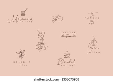 Set of minimalism modern coffee elements drawing in flat line style on beige background