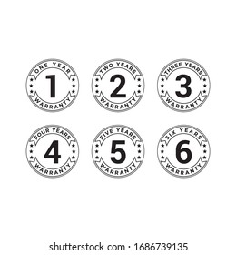 Set of minimalist 1, 2, 3, 4, 5, and 6 years warranty symbol. Editable color vector.
