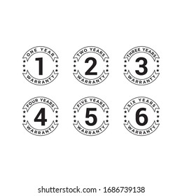 Set of minimalist 1, 2, 3, 4, 5, and 6 years warranty symbol. Editable color vector.