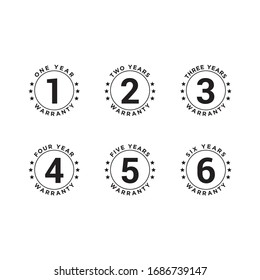 Set of minimalist 1, 2, 3, 4, 5, and 6 years warranty symbol. Editable color vector.