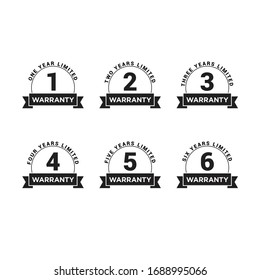 Set of minimalist 1, 2, 3, 4, 5, and 6 years warranty symbol. Editable color vector.