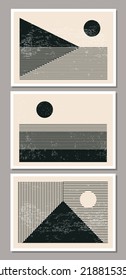 Set of minimalist 20s geometric design posters with primitive shapes