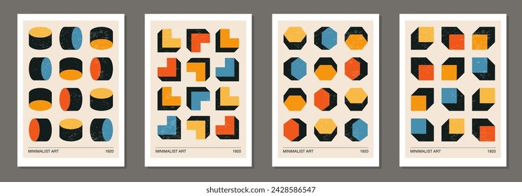 Set of minimalist 20s geometric design posters with primitive shapes