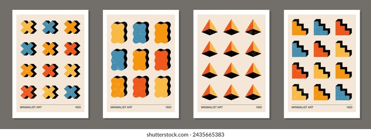Set of minimalist 20s geometric design posters with primitive shapes