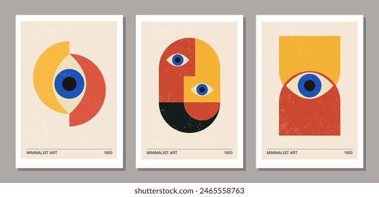 Set aus minimalistischem 20er Jahre geometrischem Design-Poster mit stilisiertem Gesicht