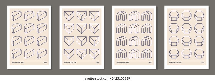 Set of minimalist 20s line art geometric design posters with primitive shapes
