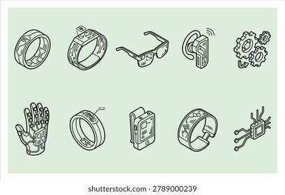Set of minimalist 3D icons featuring rings sunglasses and watches for luxury fashion branding and retail jewelry store design projects.