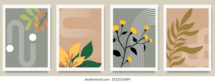 Set of minimalist abstract autumn botanical art with modern geometric shapes and organic plant elements. Design template for seasonal greetings and promotions, banner, ads, social media