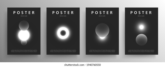 Set of minimalist abstract black and white outer space design for the poster or wall decoration, vector illustration. Outer space monochrome scenes with glowing star and planets.