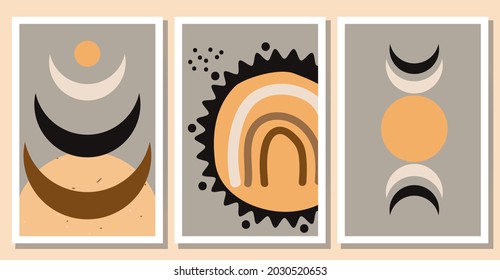 Set of minimalist abstract boho posters. Trendy wall art collection. Flat vector illustration for apparel print, card, cover, invitation, travel agency flyer design etc. Creative modern artwork.