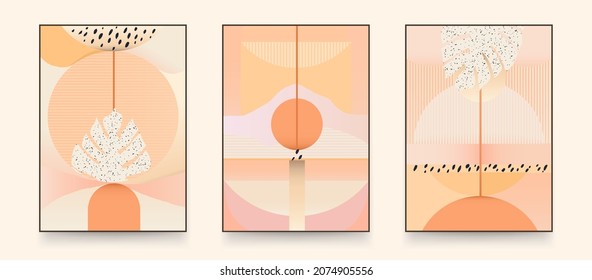 Set of minimalist abstract calming aesthetic illustrations. Modern style wall decor. Collection of contemporary artistic posters.