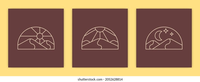 Set of Minimalist Abstract Desert Landscape and Sun Poster Illustration
