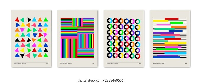 Set of minimalist abstract geometric posters. Vector illustration. Multicolored pattern background yellow, pink, green, blue, purple colors.