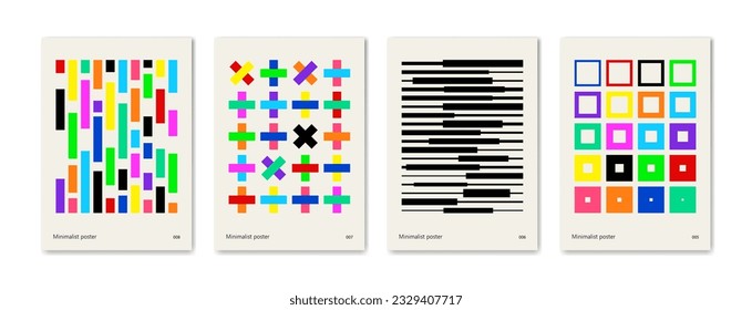 Conjunto de afiches geométricos abstractos minimalistas. Ilustración vectorial. Color de fondo multicolor amarillo, rosa, verde, azul, violeta.