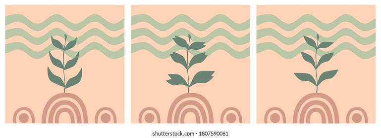 Set of minimalist abstract nature background on pastel color suitable for banner, poster, flyer, social media post or story, business campaign, etc. Modern abstract shapes background with copy space.