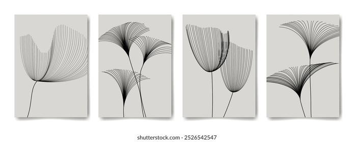 Set of minimalist abstract paintings with line flowers. Vector interior illustrations. Wall art.