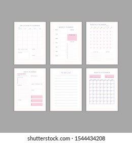 Set of minimalist abstract planners. Daily, weekly, monthly planner template. Blank printable vertical notebook page with space for notes and goals. 
Business organizer. Paper sheet size A4.