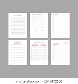 Set of minimalist abstract planners. Daily, weekly, monthly planner template. Blank printable vertical notebook page with space for notes and goals. 
Business organizer. Paper sheet size A4.