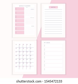 Set of minimalist abstract planners. Daily, weekly, monthly planner template. Blank printable vertical notebook page with space for notes and goals. 
Business organizer. Paper sheet size A4.