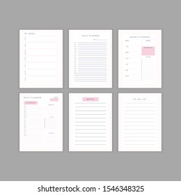 Set of minimalist abstract planners. Daily, weekly, monthly planner template. Blank printable vertical notebook page with space for notes and goals. 
Business organizer. Paper sheet size A4.