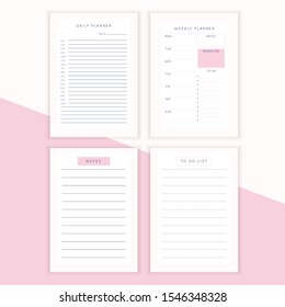 Set of minimalist abstract planners. Daily, weekly, monthly planner template. Blank printable vertical notebook page with space for notes and goals. 
Business organizer. Paper sheet size A4.