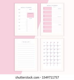 Set of minimalist abstract planners. Daily, weekly, monthly planner template. Blank printable vertical notebook page with space for notes and goals. 
Business organizer. Paper sheet size A4.