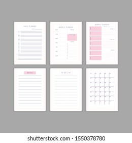 Set of minimalist abstract planners. Daily, weekly, monthly planner template. Blank printable vertical notebook page with space for notes and goals. 
Business organizer. Paper sheet size A4.