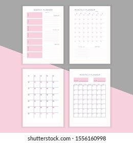 Set of minimalist abstract planners. Daily, weekly, monthly planner template. Blank printable vertical notebook page with space for notes and goals. 
Business organizer. Paper sheet size A4.