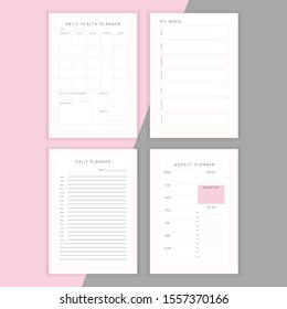 Set of minimalist abstract planners. Daily, weekly, monthly planner template. Blank printable vertical notebook page with space for notes and goals. 
Business organizer. Paper sheet size A4.