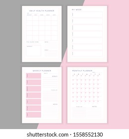 Set of minimalist abstract planners. Daily, weekly, monthly planner template. Blank printable vertical notebook page with space for notes and goals. 
Business organizer. Paper sheet size A4.