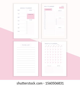 Set of minimalist abstract planners. Daily, weekly, monthly planner template. Blank printable vertical notebook page with space for notes and goals. 
Business organizer. Paper sheet size A4.