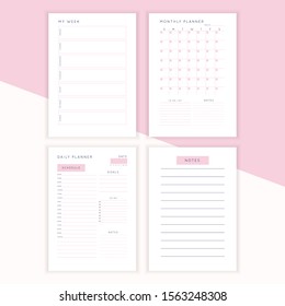 Set of minimalist abstract planners. Daily, weekly, monthly planner template. Blank printable vertical notebook page with space for notes and goals. 
Business organizer. Paper sheet size A4.