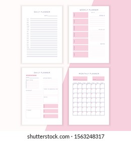 Set of minimalist abstract planners. Daily, weekly, monthly planner template. Blank printable vertical notebook page with space for notes and goals. 
Business organizer. Paper sheet size A4.