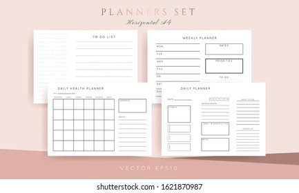 Set of minimalist abstract planners. Daily, weekly, monthly planner template. Blank printable horizontal notebook page with space for notes and goals. 
Business organizer. Paper sheet size A4.