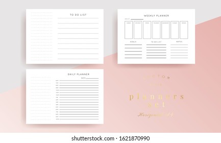 Set of minimalist abstract planners. Daily, weekly, monthly planner template. Blank printable horizontal notebook page with space for notes and goals. 
Business organizer. Paper sheet size A4.