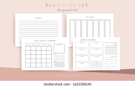 Set of minimalist abstract planners. Daily, weekly, monthly planner template. Blank printable horizontal notebook page with space for notes and goals. 
Business organizer. Paper sheet size A4.