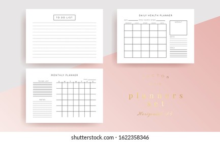 Set of minimalist abstract planners. Daily, weekly, monthly planner template. Blank printable horizontal notebook page with space for notes and goals. 
Business organizer. Paper sheet size A4.