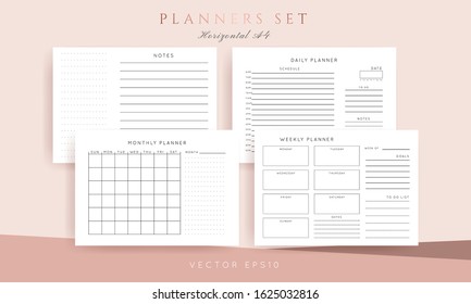 Set of minimalist abstract planners. Daily, weekly, monthly planner template. Blank printable horizontal notebook page with space for notes and goals. 
Business organizer. Paper sheet size A4.