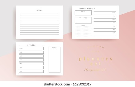 Set of minimalist abstract planners. Daily, weekly, monthly planner template. Blank printable horizontal notebook page with space for notes and goals. 
Business organizer. Paper sheet size A4.
